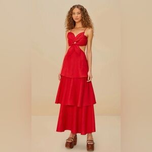 Farm Rio - Red Tiered Cutout Maxi Dress with Floral Knot